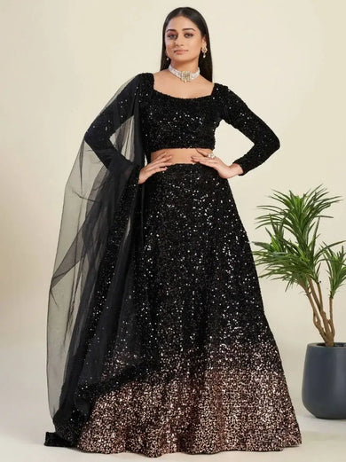 Glamorous Black Sequin Work Velvet Wedding Lehenga Choli